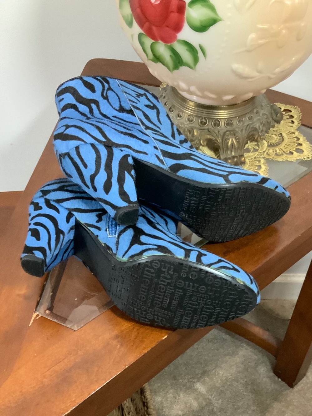 Blue Zebra Genuine Leather Ankle Boots 8 Y2K Funky Animal Print Booties Theme - Picture 5 of 9